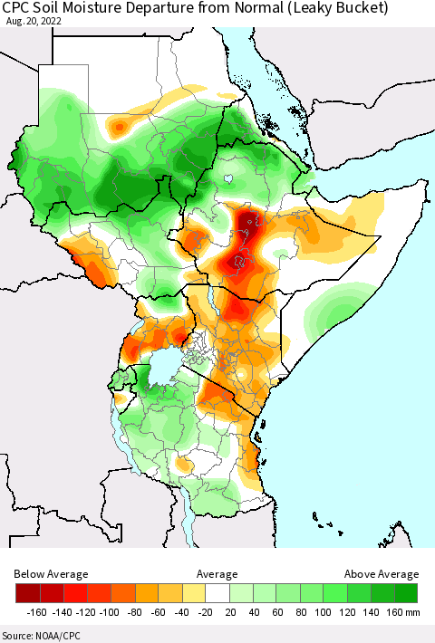 Eastern Africa CPC Soil Moisture Departure from Normal (Leaky Bucket) Thematic Map For 8/16/2022 - 8/20/2022