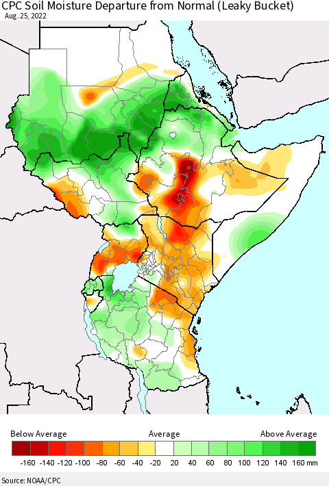 Eastern Africa CPC Soil Moisture Departure from Normal (Leaky Bucket) Thematic Map For 8/21/2022 - 8/25/2022