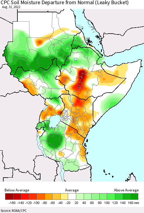 Eastern Africa CPC Soil Moisture Departure from Normal (Leaky Bucket) Thematic Map For 8/26/2022 - 8/31/2022