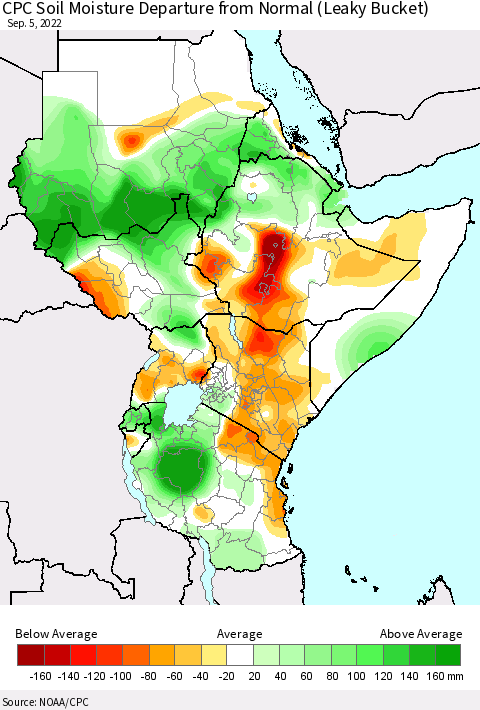 Eastern Africa CPC Soil Moisture Departure from Normal (Leaky Bucket) Thematic Map For 9/1/2022 - 9/5/2022