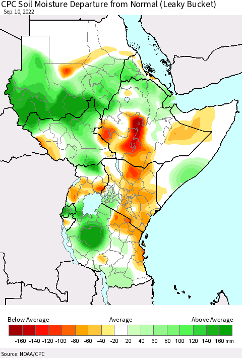 Eastern Africa CPC Soil Moisture Departure from Normal (Leaky Bucket) Thematic Map For 9/6/2022 - 9/10/2022