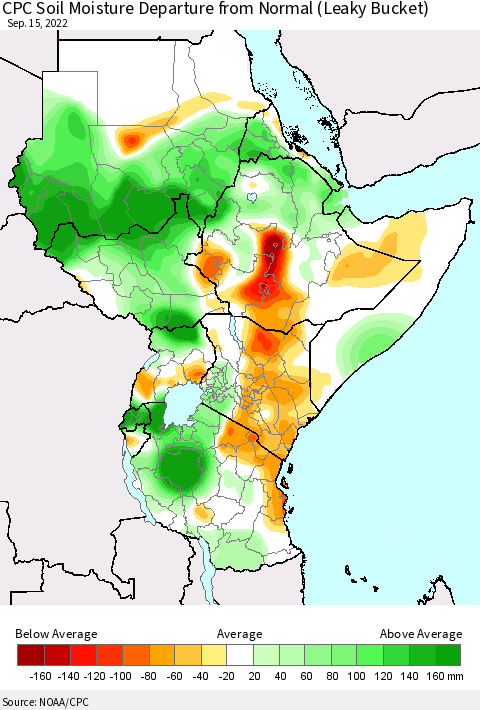 Eastern Africa CPC Soil Moisture Departure from Normal (Leaky Bucket) Thematic Map For 9/11/2022 - 9/15/2022