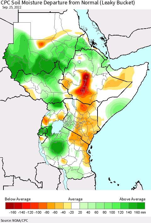 Eastern Africa CPC Soil Moisture Departure from Normal (Leaky Bucket) Thematic Map For 9/21/2022 - 9/25/2022