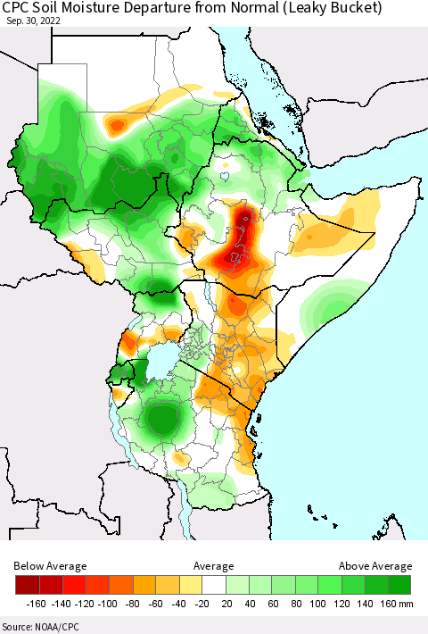 Eastern Africa CPC Soil Moisture Departure from Normal (Leaky Bucket) Thematic Map For 9/26/2022 - 9/30/2022