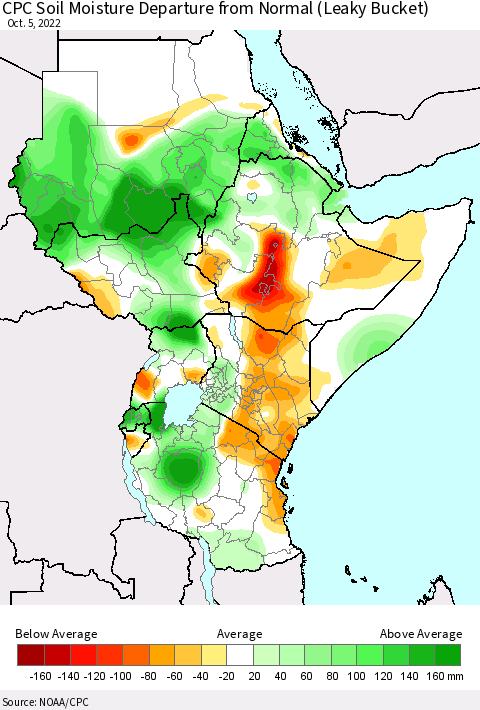 Eastern Africa CPC Soil Moisture Departure from Normal (Leaky Bucket) Thematic Map For 10/1/2022 - 10/5/2022
