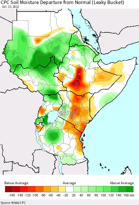 Eastern Africa CPC Soil Moisture Departure from Normal (Leaky Bucket) Thematic Map For 10/11/2022 - 10/15/2022