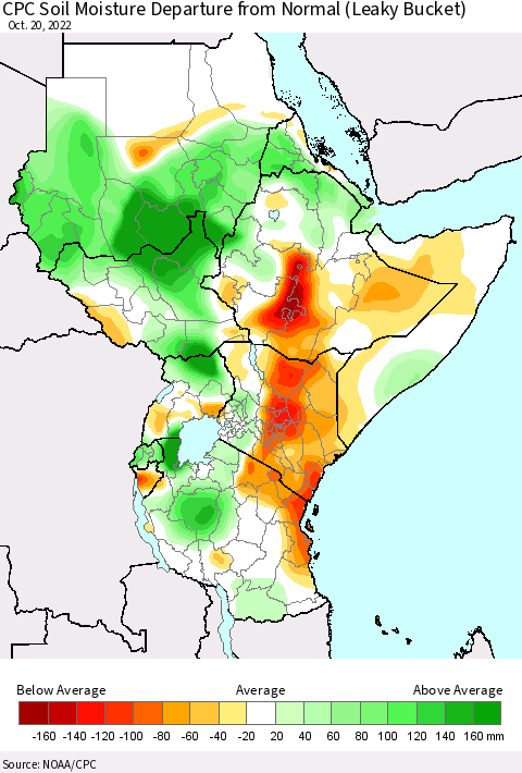 Eastern Africa CPC Soil Moisture Departure from Normal (Leaky Bucket) Thematic Map For 10/16/2022 - 10/20/2022