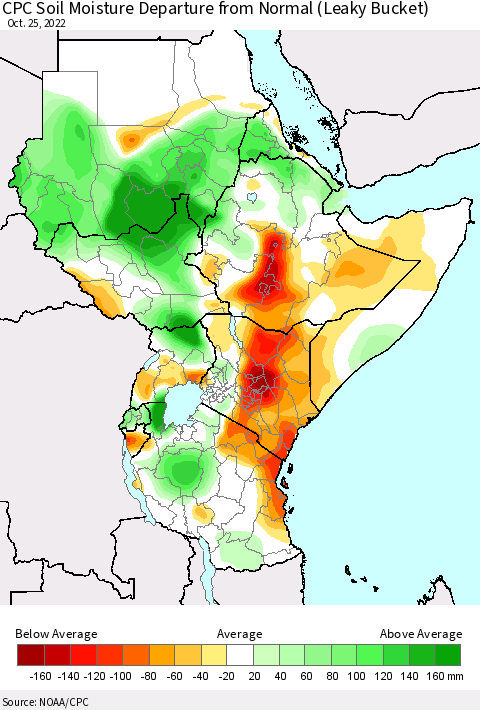 Eastern Africa CPC Soil Moisture Departure from Normal (Leaky Bucket) Thematic Map For 10/21/2022 - 10/25/2022