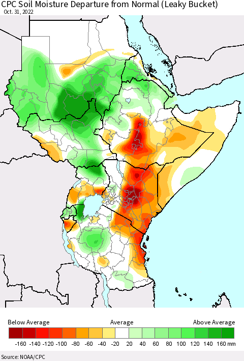 Eastern Africa CPC Soil Moisture Departure from Normal (Leaky Bucket) Thematic Map For 10/26/2022 - 10/31/2022