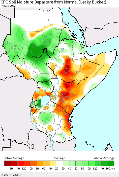 Eastern Africa CPC Soil Moisture Departure from Normal (Leaky Bucket) Thematic Map For 11/1/2022 - 11/5/2022