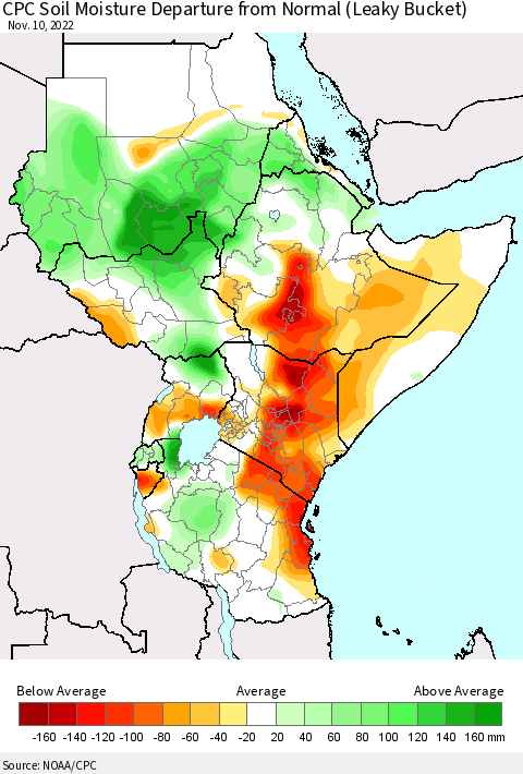 Eastern Africa CPC Soil Moisture Departure from Normal (Leaky Bucket) Thematic Map For 11/6/2022 - 11/10/2022