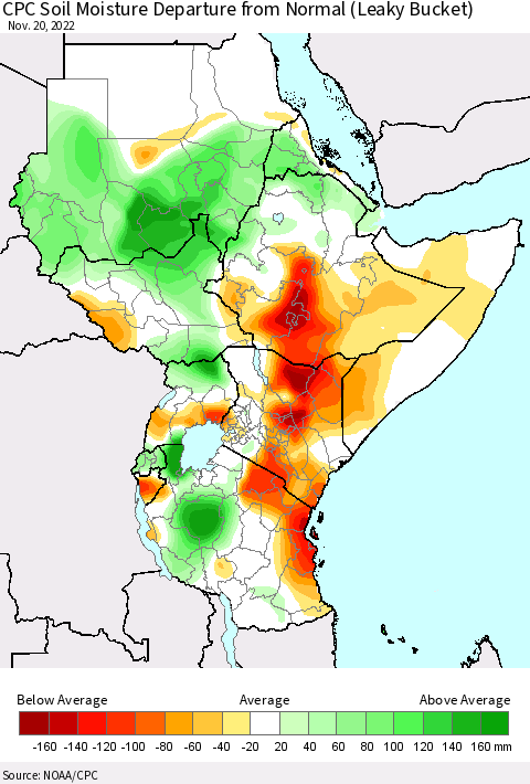 Eastern Africa CPC Soil Moisture Departure from Normal (Leaky Bucket) Thematic Map For 11/16/2022 - 11/20/2022