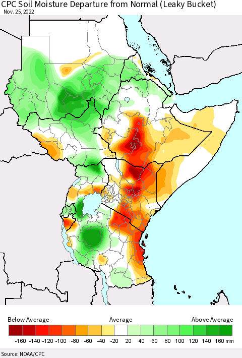 Eastern Africa CPC Soil Moisture Departure from Normal (Leaky Bucket) Thematic Map For 11/21/2022 - 11/25/2022