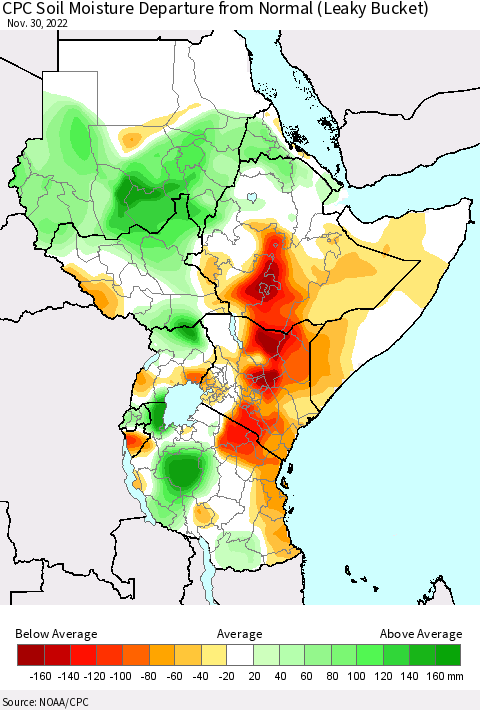 Eastern Africa CPC Soil Moisture Departure from Normal (Leaky Bucket) Thematic Map For 11/26/2022 - 11/30/2022