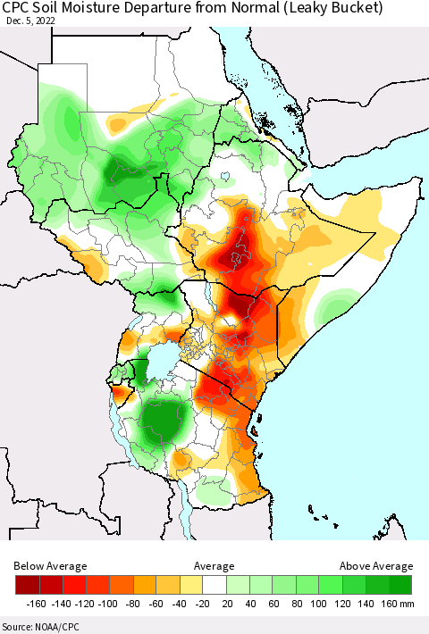 Eastern Africa CPC Soil Moisture Departure from Normal (Leaky Bucket) Thematic Map For 12/1/2022 - 12/5/2022