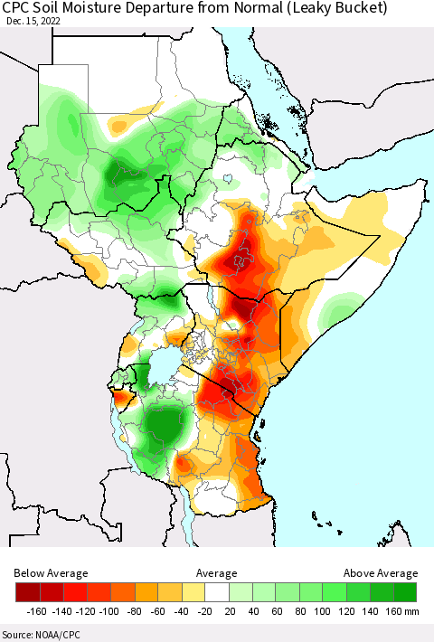 Eastern Africa CPC Soil Moisture Departure from Normal (Leaky Bucket) Thematic Map For 12/11/2022 - 12/15/2022