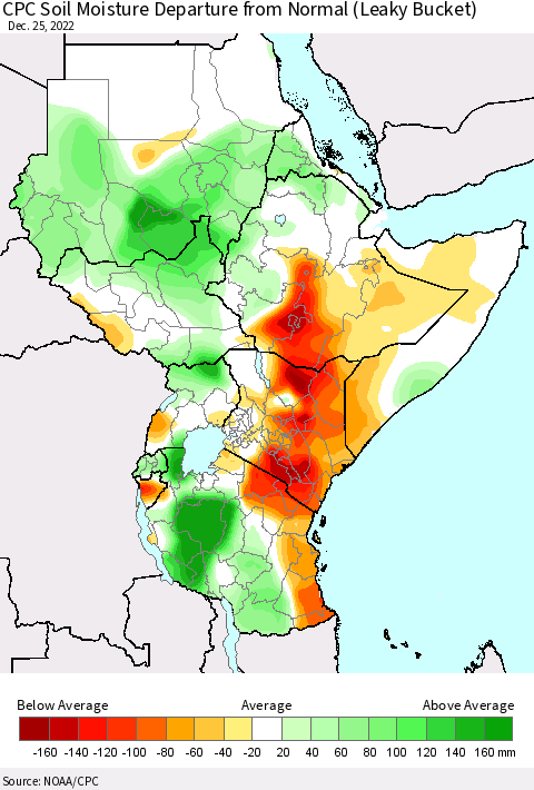 Eastern Africa CPC Soil Moisture Departure from Normal (Leaky Bucket) Thematic Map For 12/21/2022 - 12/25/2022