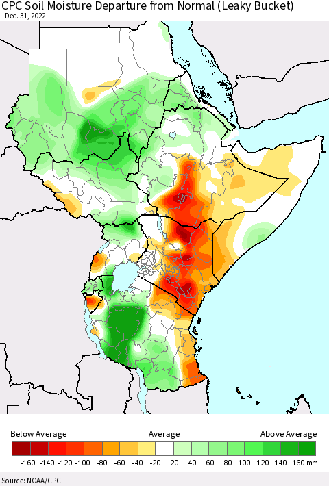 Eastern Africa CPC Soil Moisture Departure from Normal (Leaky Bucket) Thematic Map For 12/26/2022 - 12/31/2022