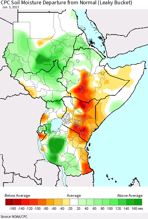 Eastern Africa CPC Soil Moisture Departure from Normal (Leaky Bucket) Thematic Map For 1/1/2023 - 1/5/2023