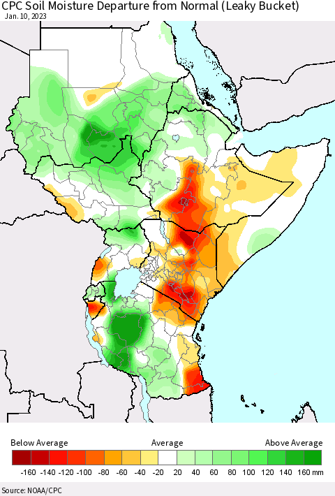 Eastern Africa CPC Soil Moisture Departure from Normal (Leaky Bucket) Thematic Map For 1/6/2023 - 1/10/2023