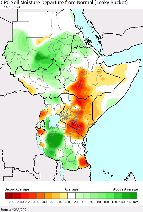 Eastern Africa CPC Soil Moisture Departure from Normal (Leaky Bucket) Thematic Map For 1/26/2023 - 1/31/2023