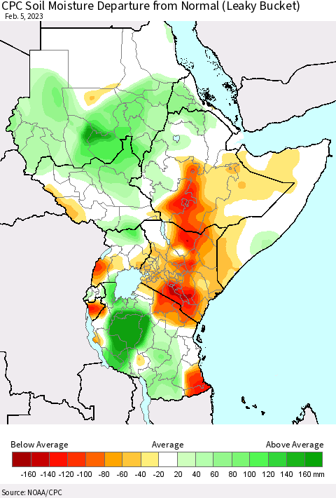 Eastern Africa CPC Soil Moisture Departure from Normal (Leaky Bucket) Thematic Map For 2/1/2023 - 2/5/2023