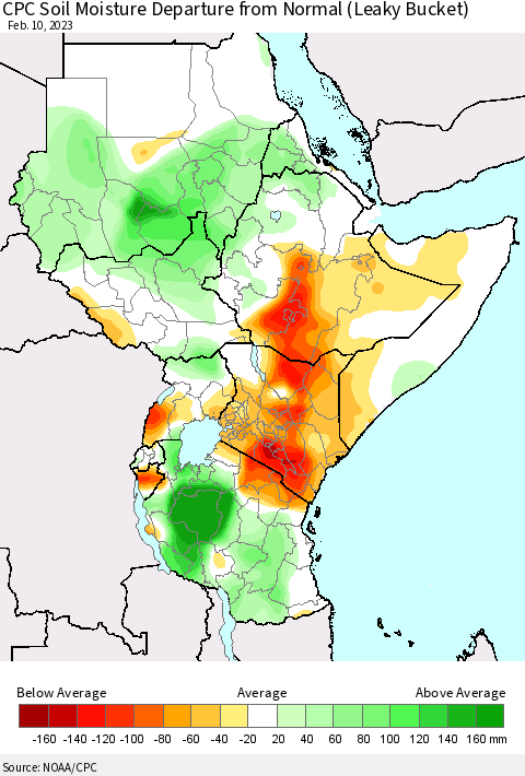 Eastern Africa CPC Soil Moisture Departure from Normal (Leaky Bucket) Thematic Map For 2/6/2023 - 2/10/2023