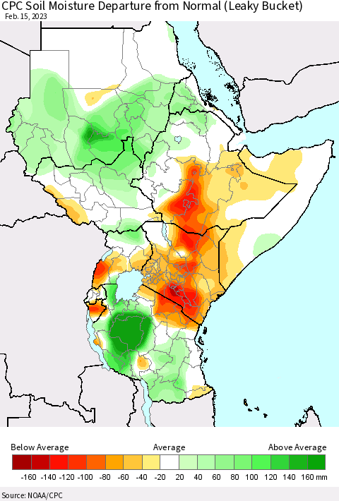 Eastern Africa CPC Soil Moisture Departure from Normal (Leaky Bucket) Thematic Map For 2/11/2023 - 2/15/2023