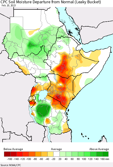 Eastern Africa CPC Soil Moisture Departure from Normal (Leaky Bucket) Thematic Map For 2/16/2023 - 2/20/2023