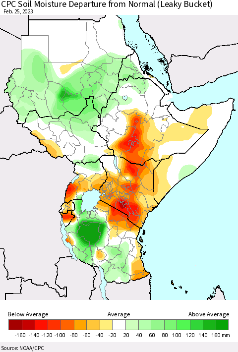 Eastern Africa CPC Soil Moisture Departure from Normal (Leaky Bucket) Thematic Map For 2/21/2023 - 2/25/2023