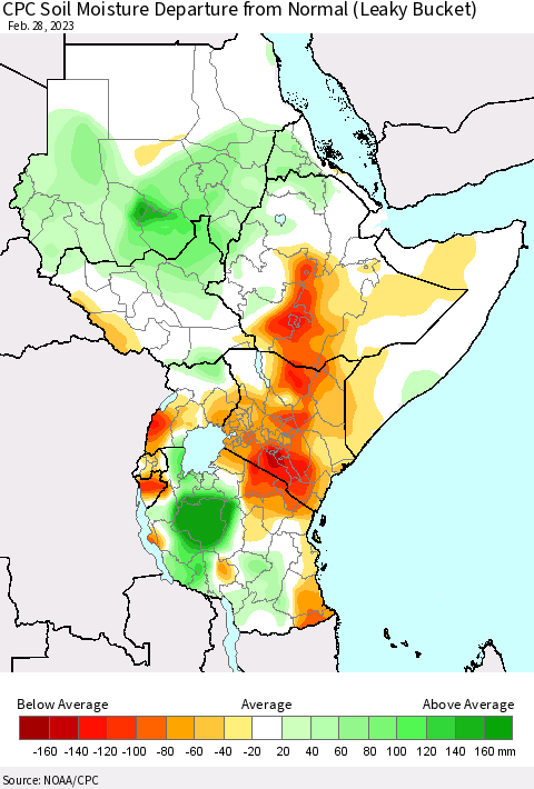 Eastern Africa CPC Soil Moisture Departure from Normal (Leaky Bucket) Thematic Map For 2/26/2023 - 2/28/2023