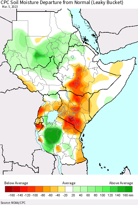 Eastern Africa CPC Soil Moisture Departure from Normal (Leaky Bucket) Thematic Map For 3/1/2023 - 3/5/2023
