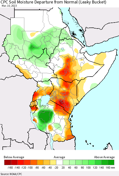 Eastern Africa CPC Soil Moisture Departure from Normal (Leaky Bucket) Thematic Map For 3/6/2023 - 3/10/2023