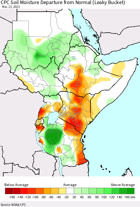 Eastern Africa CPC Soil Moisture Departure from Normal (Leaky Bucket) Thematic Map For 3/11/2023 - 3/15/2023