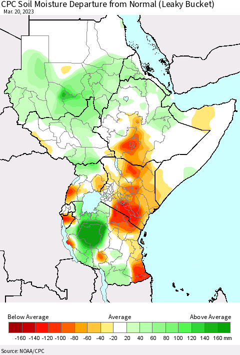 Eastern Africa CPC Soil Moisture Departure from Normal (Leaky Bucket) Thematic Map For 3/16/2023 - 3/20/2023