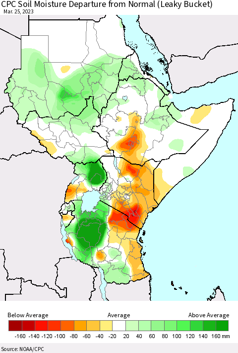 Eastern Africa CPC Soil Moisture Departure from Normal (Leaky Bucket) Thematic Map For 3/21/2023 - 3/25/2023