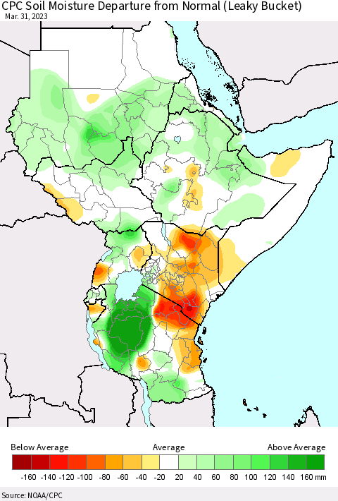Eastern Africa CPC Soil Moisture Departure from Normal (Leaky Bucket) Thematic Map For 3/26/2023 - 3/31/2023