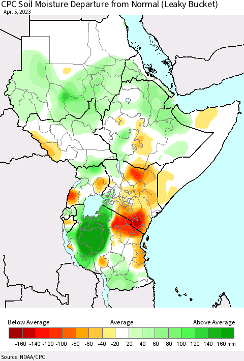 Eastern Africa CPC Soil Moisture Departure from Normal (Leaky Bucket) Thematic Map For 4/1/2023 - 4/5/2023