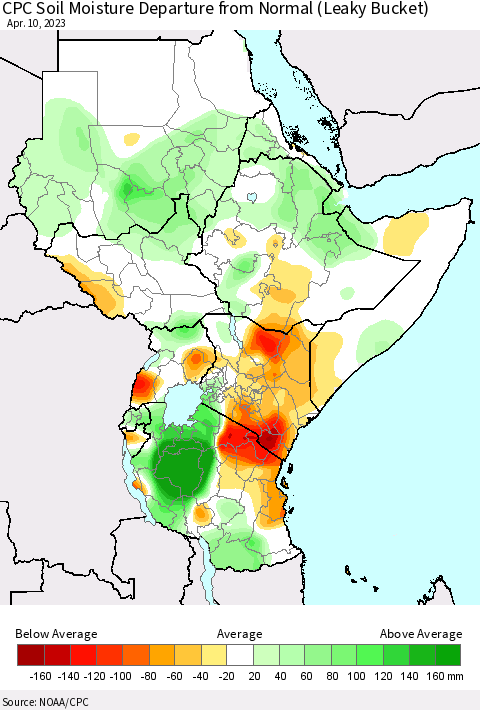 Eastern Africa CPC Soil Moisture Departure from Normal (Leaky Bucket) Thematic Map For 4/6/2023 - 4/10/2023