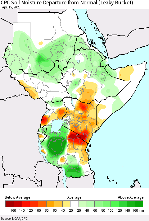 Eastern Africa CPC Soil Moisture Departure from Normal (Leaky Bucket) Thematic Map For 4/11/2023 - 4/15/2023
