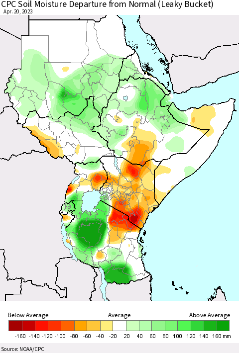 Eastern Africa CPC Soil Moisture Departure from Normal (Leaky Bucket) Thematic Map For 4/16/2023 - 4/20/2023