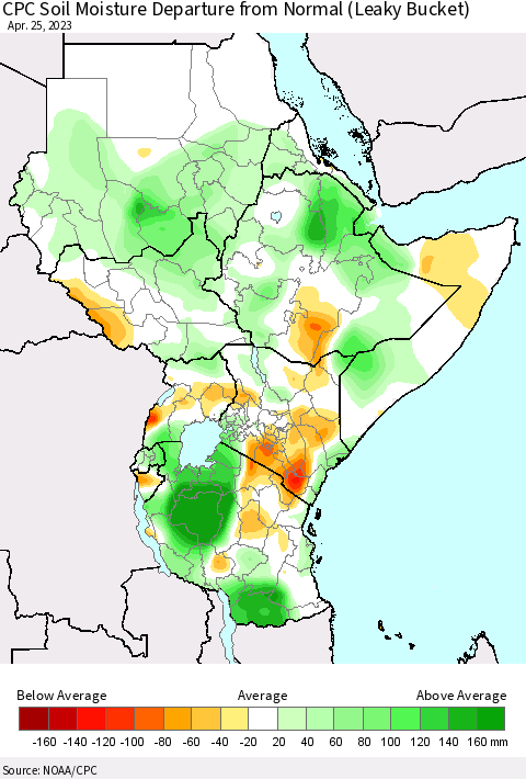 Eastern Africa CPC Soil Moisture Departure from Normal (Leaky Bucket) Thematic Map For 4/21/2023 - 4/25/2023