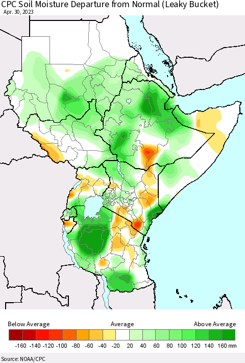 Eastern Africa CPC Soil Moisture Departure from Normal (Leaky Bucket) Thematic Map For 4/26/2023 - 4/30/2023