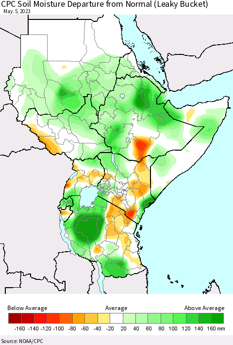 Eastern Africa CPC Soil Moisture Departure from Normal (Leaky Bucket) Thematic Map For 5/1/2023 - 5/5/2023