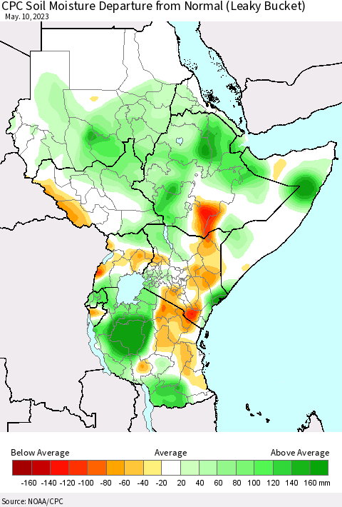 Eastern Africa CPC Soil Moisture Departure from Normal (Leaky Bucket) Thematic Map For 5/6/2023 - 5/10/2023