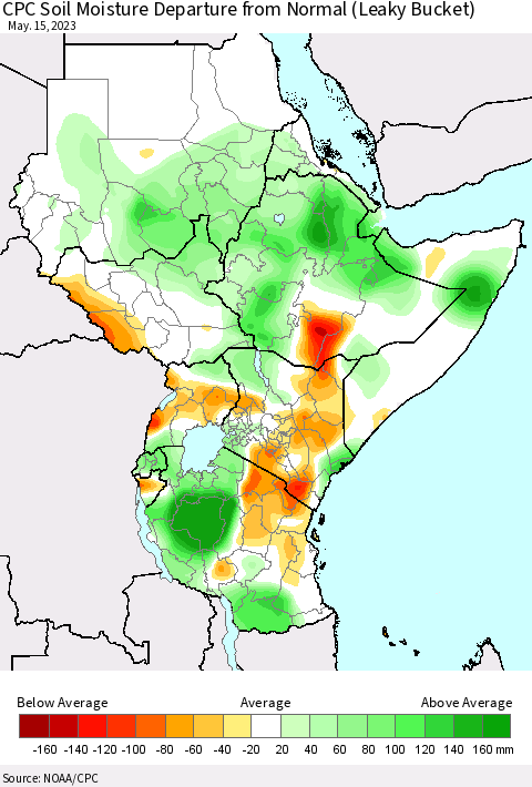 Eastern Africa CPC Soil Moisture Departure from Normal (Leaky Bucket) Thematic Map For 5/11/2023 - 5/15/2023
