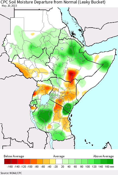 Eastern Africa CPC Soil Moisture Departure from Normal (Leaky Bucket) Thematic Map For 5/16/2023 - 5/20/2023