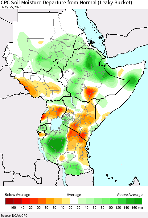 Eastern Africa CPC Soil Moisture Departure from Normal (Leaky Bucket) Thematic Map For 5/21/2023 - 5/25/2023
