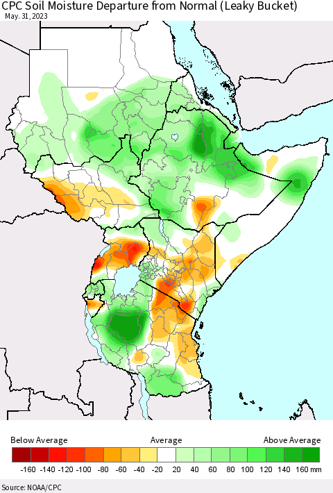 Eastern Africa CPC Soil Moisture Departure from Normal (Leaky Bucket) Thematic Map For 5/26/2023 - 5/31/2023
