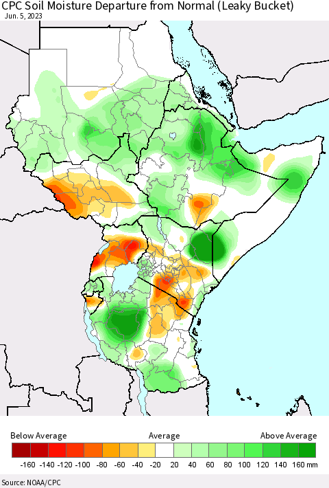 Eastern Africa CPC Soil Moisture Departure from Normal (Leaky Bucket) Thematic Map For 6/1/2023 - 6/5/2023